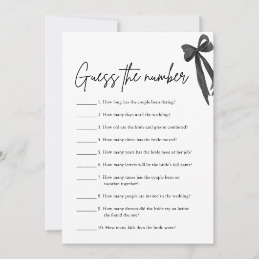 Black Bow rät das Number Brautparty Game Einladung (Vorderseite)