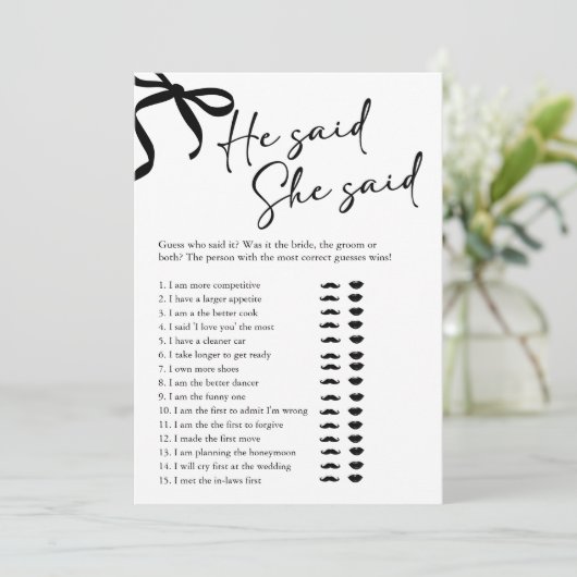 Black Bow sagte, sie sagte Brautparty Game Einladung (Stehend Vorderseite)