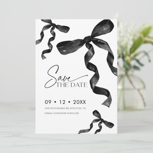Black Bow Save the Date Einladung (Stehend Vorderseite)