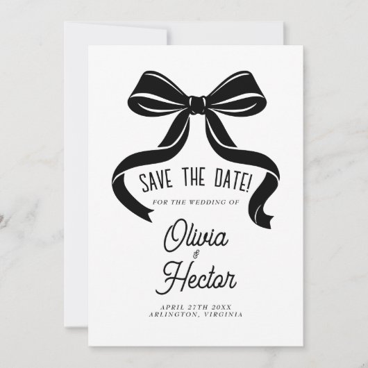 Black Bow Save the Date Modern Wedding Einladung (Vorderseite)