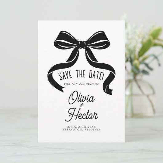 Black Bow Save the Date Modern Wedding Einladung (Stehend Vorderseite)