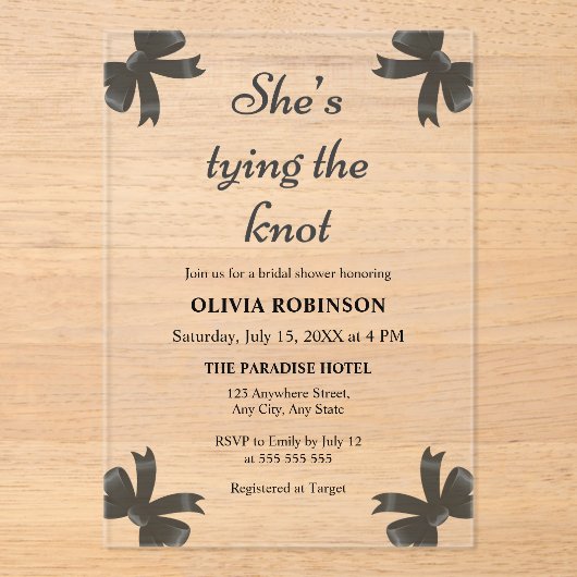 Black Bow Sie bindet das Brautparty des Knotens Acryleinladungen (Vorderseite)