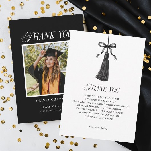 Black Bow Tassel Modern Graduation Party Photo Dankeskarte