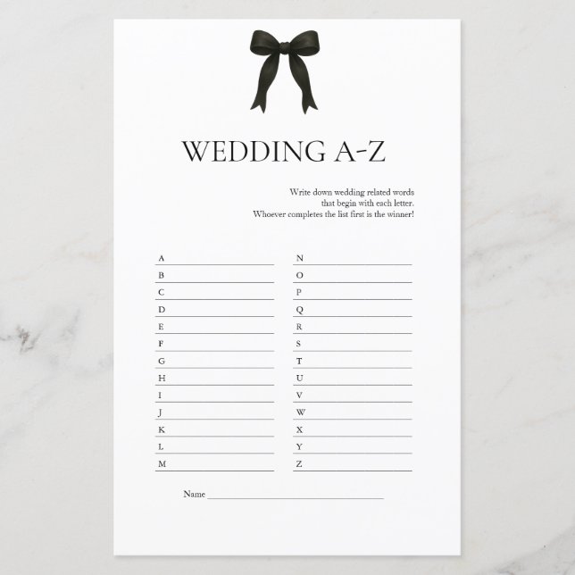 Black Bow Wedding A-Z Game | Modernes Brautparty (Vorderseite)