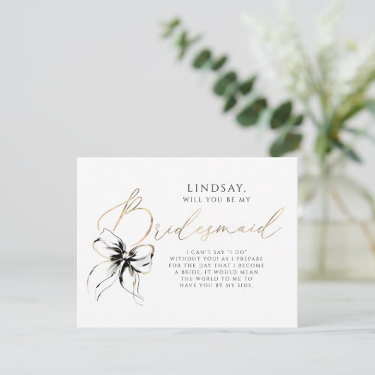 Black Bow Whimsical Modern Bridesmaid Proposal Einladung (Stehend Vorderseite)