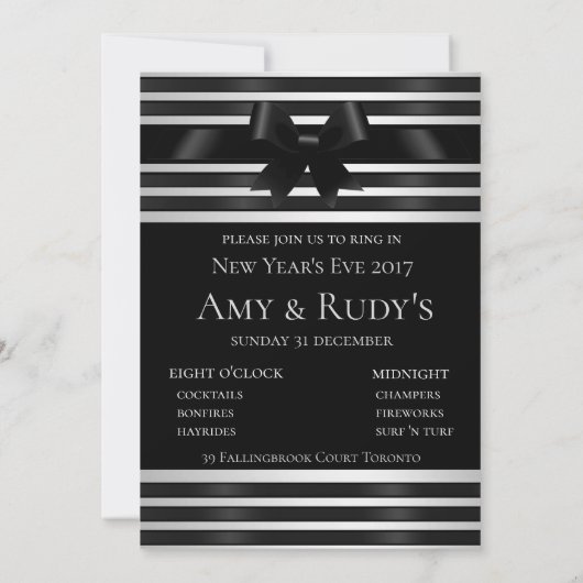 Black Bow White Stripes Neujahrsvortrag Einladung (Rückseite)