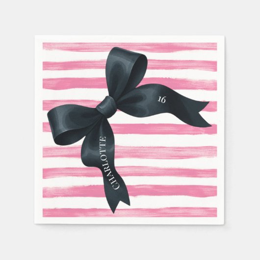 Black Bow with Pink White Stripe Birthday Cocktail Serviette (Vorderseite)