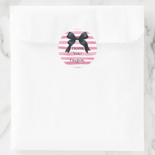Black Bow with Pink White Stripe Custom Runder Aufkleber (Tasche)