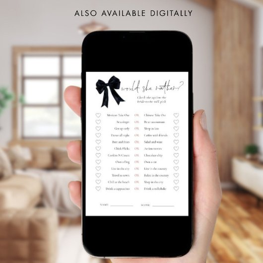 Black Bow Would She Rather Bridal Shower Game Card Einladung