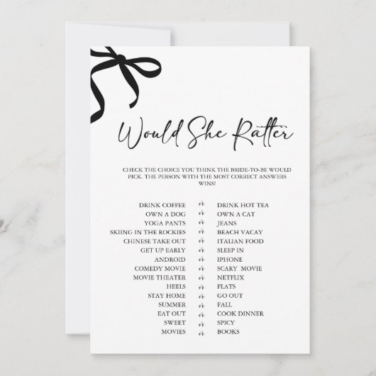 Black Bow Would She Rather Bridal Shower Game Einladung (Vorderseite)