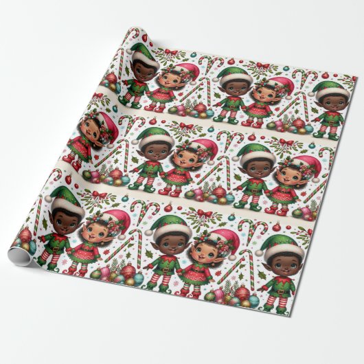 Black Boy and Girl Elves Weihnachtswrapping Paper Geschenkpapier (Ungerollt)