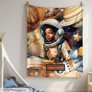 Black Boy Astronaut Blanket Weltraumgeschenk Fleecedecke