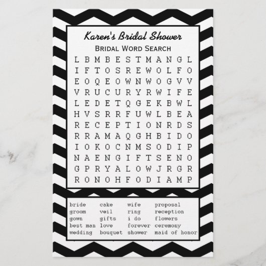 Black Brautparty Showroom Word Search Game (Vorderseite)