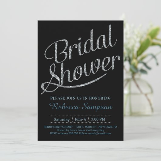 Black Bridal Shower Einladung - Silver Script (Stehend Vorderseite)