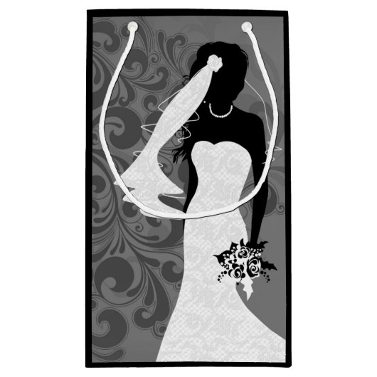 Black Bride Silhouette in einem weißen Hochzeitskl Kleine Geschenktüte (Rückseite)