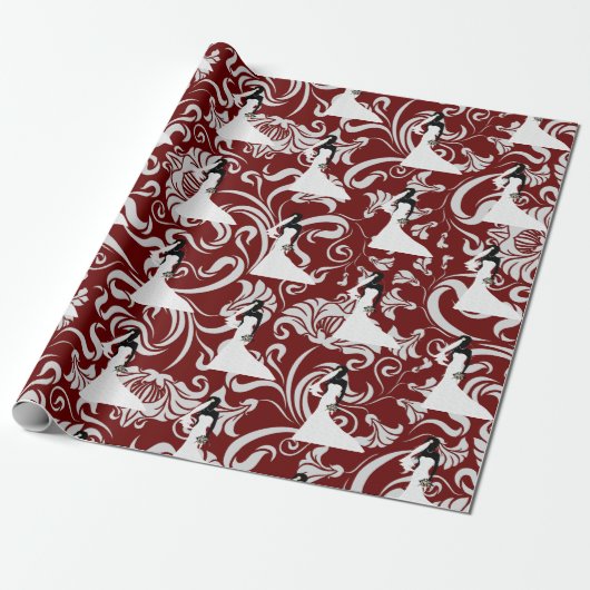 Black Bride Silhouette Red Damask Wedding Geschenkpapier (Ungerollt)