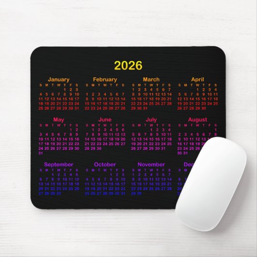 Black Bright Rainbow Gradient 2026 Calendar Mousepad (Mit Mouse)