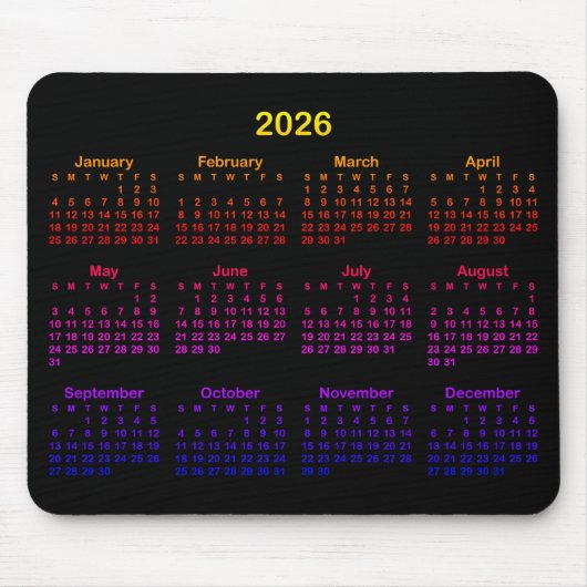 Black Bright Rainbow Gradient 2026 Calendar Mousepad (Vorne)