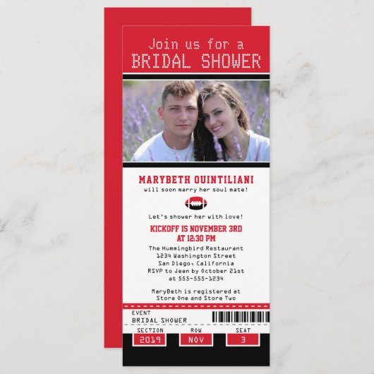 Black Bright Red Football Ticket Brautparty Einladung (Vorne/Hinten)