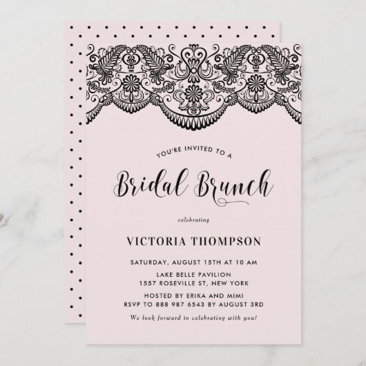 Black Brocade Lace Blush Bridal Brunch Einladung (Vorne/Hinten)