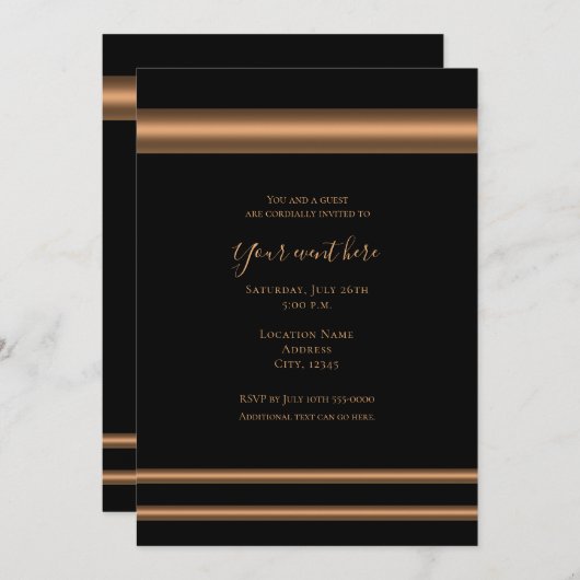 Black Bronze Copper Elegantes Party Einladung (Vorne/Hinten)