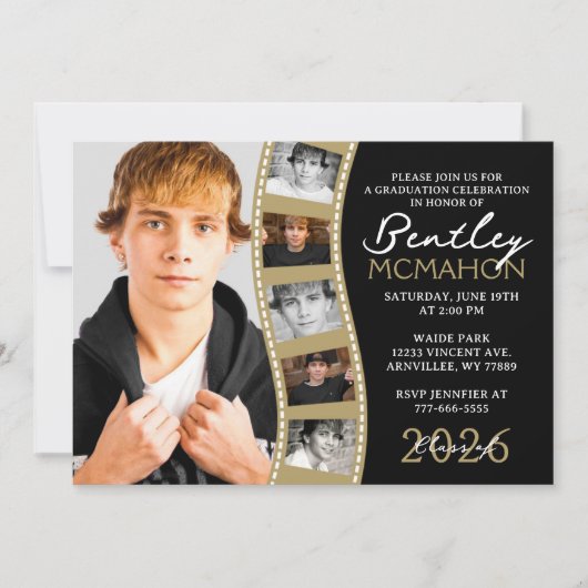Black & Bronze Foto Filmstrip Abschluss Collage Einladung (Vorderseite)