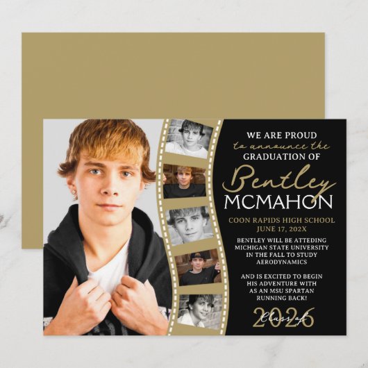 Black & Bronze Foto Filmstrip Grad Ankündigung (Vorne/Hinten)