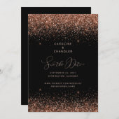 Black & Bronze Glitzer Wedding Save the Date Glam Einladung (Vorne/Hinten)