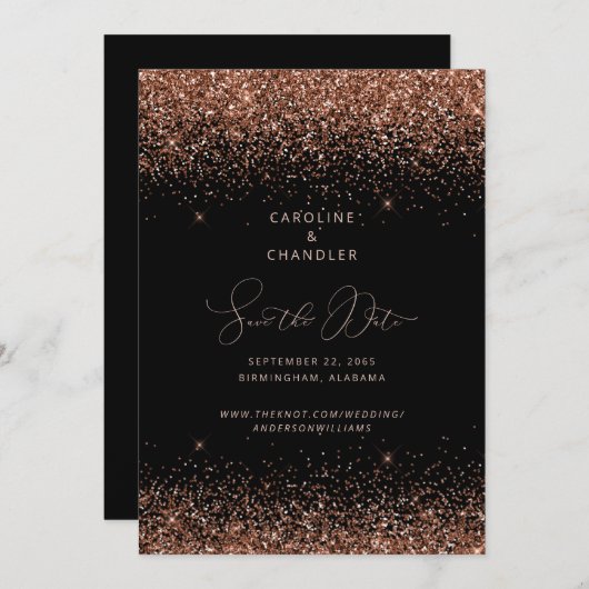 Black & Bronze Glitzer Wedding Save the Date Glam Einladung (Vorne/Hinten)