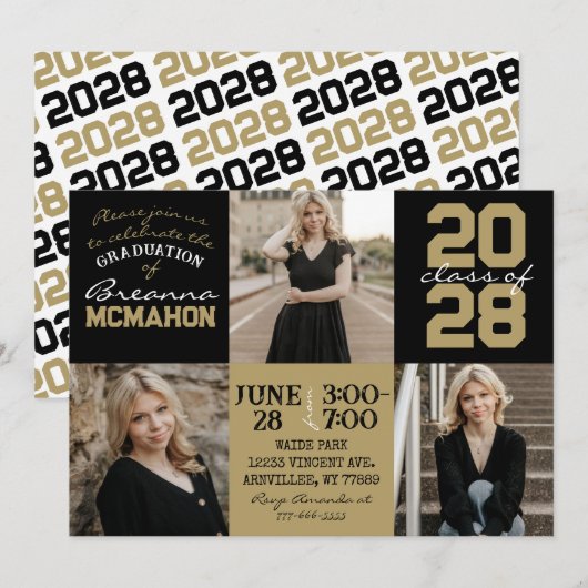 Black & Bronze Gold 3 Foto Abschluss Einladung (Vorne/Hinten)