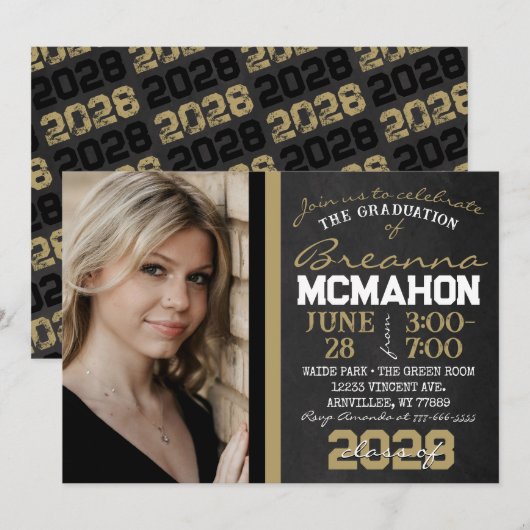 Black & Bronze Gold Chalkboard Abschluss Foto Einladung (Vorne/Hinten)