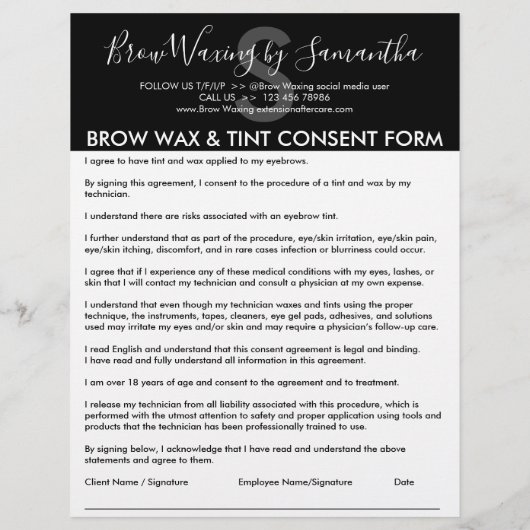 Black Brow Wax Tint-Kundeneinwilligungsformular Flyer (Hinten)