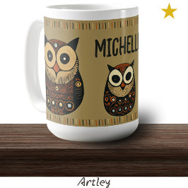 Black Brown Folk Art Owl Individuelle Name Kaffeetasse