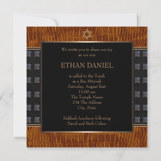 Black Brown Leather Star von David Bar Mitzvah Einladung (Vorderseite)