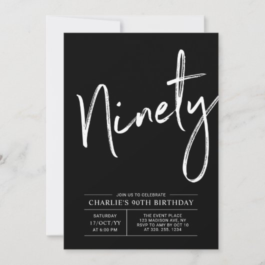 Black Brush Lettering 90. Geburtstagsparty Einladung (Vorderseite)
