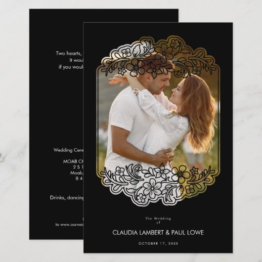 Black Budget Nice Floral Frame Wedding Photo (Vorne/Hinten)
