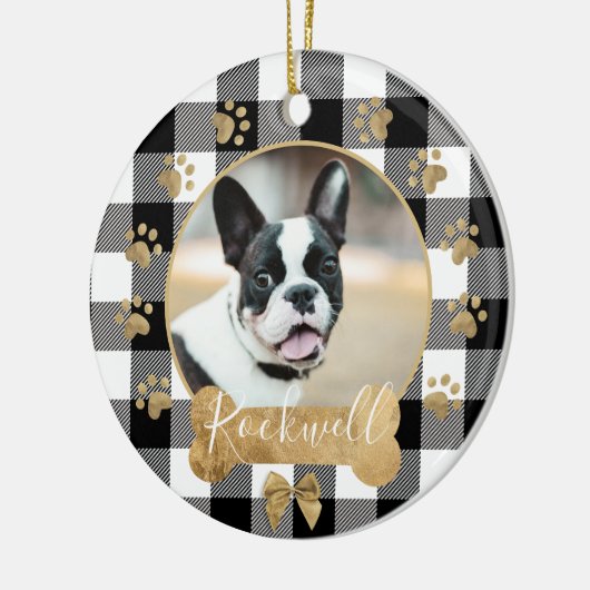 Black Buffalo Kariert Pattern Gold Bow Family Foto Keramik Ornament (Links)