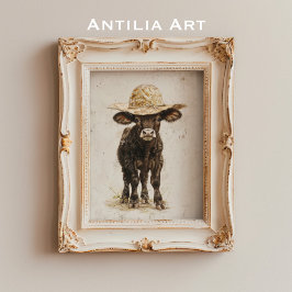 Black Bull mit Hut Whimsisches Farm Animal Cow Poster