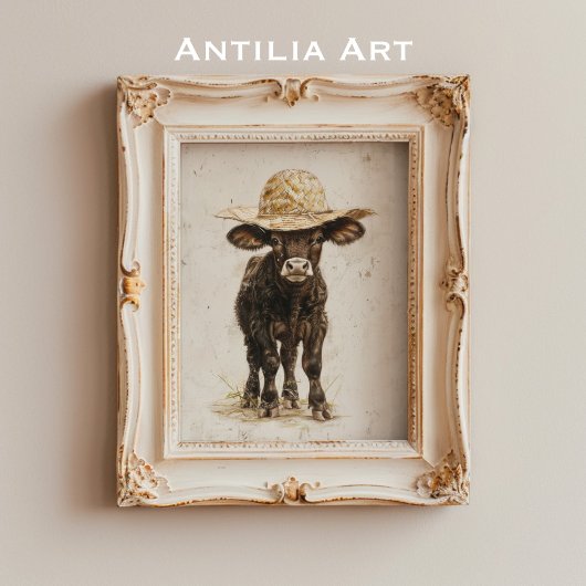 Black Bull mit Hut Whimsisches Farm Animal Cow Poster