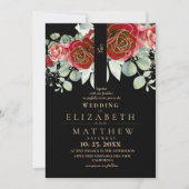 Black Burgund und Gold Rote Rose Moderne Hochzeit Einladung (Vorderseite)