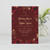 Black Burgundy and Gold Rose Floral Boho Wedding Einladung (Stehend Vorderseite)