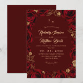 Black Burgundy and Gold Rose Floral Boho Wedding Einladung (Vorne/Hinten)