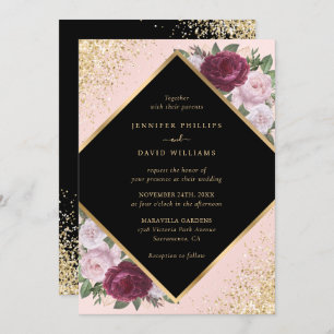 Black Burgundy Blush Gold Geometric Floral Wedding Einladung