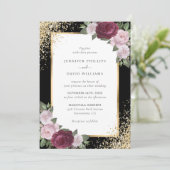 Black Burgundy Blush Pink Gold Floral Wedding Einladung (Stehend Vorderseite)