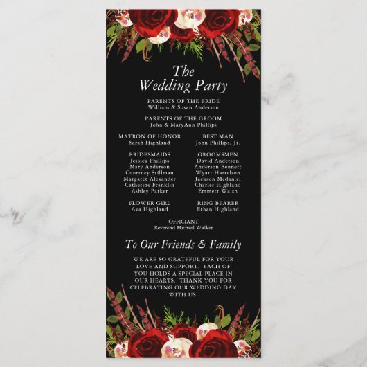 Black Burgundy Floral Boho Hochzeitsprogramm Programm (Rückseite)