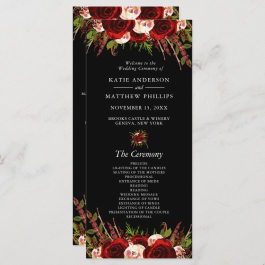 Black Burgundy Floral Boho Hochzeitsprogramm Programm (Vorne/Hinten)