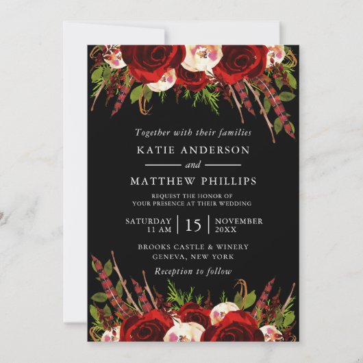 Black Burgundy Floral Boho Wedding Einladung (Vorderseite)