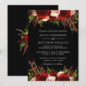 Black Burgundy Floral Boho Wedding Einladung (Vorne/Hinten)
