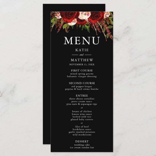 Black Burgundy Floral Boho Wedding Menu Card Menükarte (Vorne/Hinten)