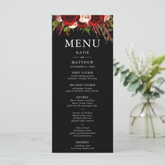 Black Burgundy Floral Boho Wedding Menu Card Menükarte (Stehend Vorderseite)